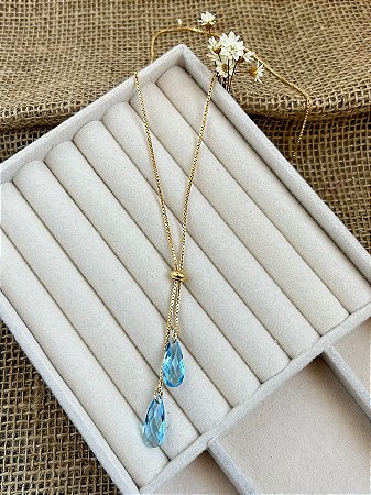 COLAR MAXI GRAVATA COM GOTAS AZUIS BANHADO A OURO