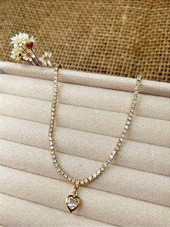 PULSEIRA RIVIERA COM PINGENTE DE CORAÇÃO BANHADA A OURO