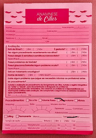 FICHA DE ANAMINESE CILIOS 50 folhas
