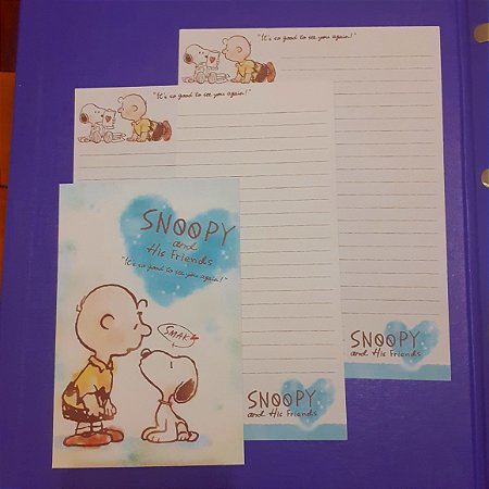 Peanuts 02 papéis de carta e 01 envelope Sanrio Importado Coração Azul