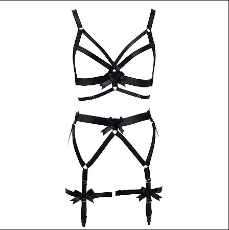 Conjunto Harness Strappy com Laços – Lingerie Fetichista e Romântica