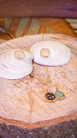 Conjunto Folheado a Ouro – Quartzo Rosa, Quartzo Verde e Obsidiana Fumê