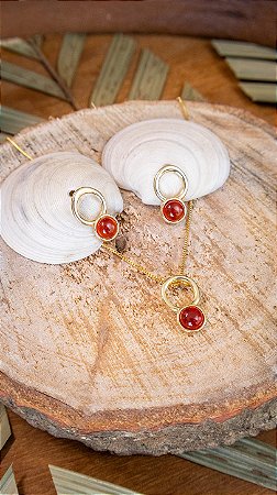 Conjunto Folheado a Ouro com Ágata Vermelha - Esfera com Argola