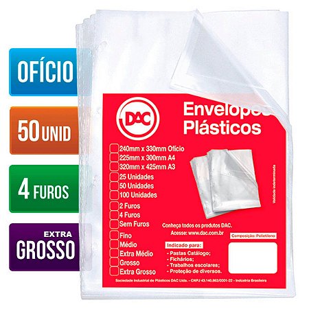 SACO PLASTICO PP OFICIO 4 FUROS 0,20MM EXTRA GROSSO C/50 DAC