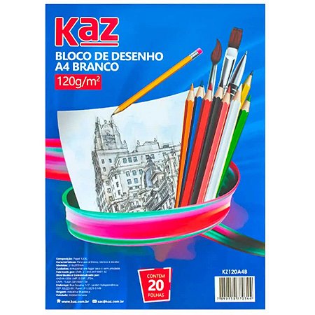 Bloco De Desenho A4 Branco 120G C/20 Fls Kaz