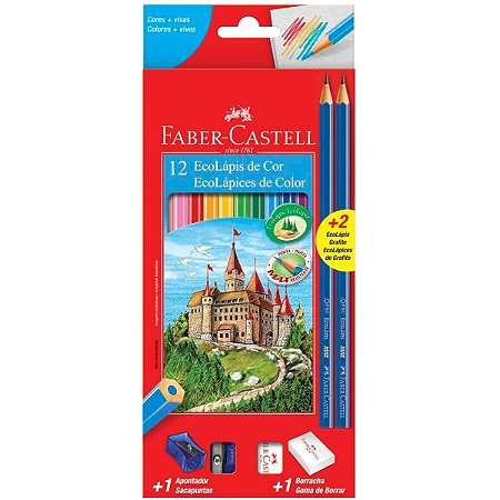 LAPIS DE COR 12 CORES + 2 LAPIS/ APONTADOR/ BORRACHA FABER CASTELL