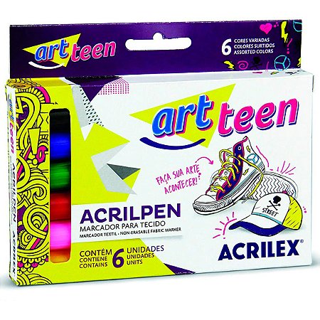 CANETA P/TECIDO C/6 CORES ART TEEN ACRILPEN ACRILEX