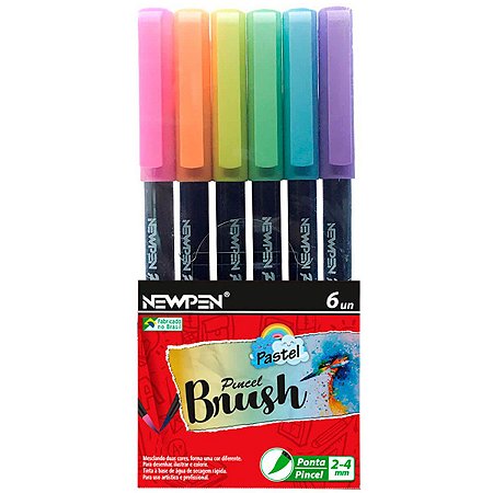 Caneta Pincel Brush 6 Cores Pastel Newpen