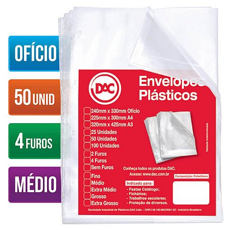 SACO PLASTICO PP OFICIO 4 FUROS 0.10MM MEDIO C/50 DAC