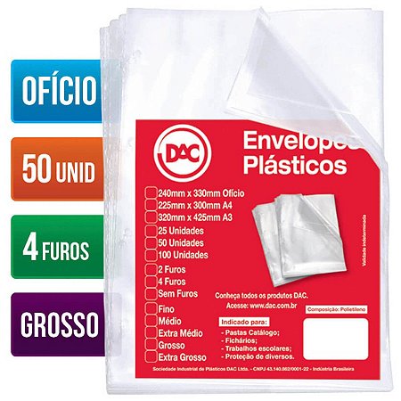 SACO PLASTICO PP OFICIO 4 FUROS 0.15MM GROSSO C/50 DAC