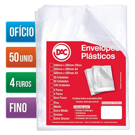 SACO PLASTICO PP OFICIO 4 FUROS 0.06MM FINO C/50 DAC