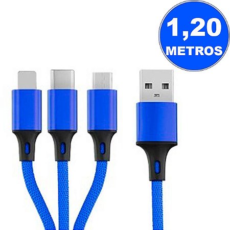 Cabo Usb 3 Em 1 Lightning + Micro-Usb + Type-C 1,2Mt 5.8A Azul Kaipitan
