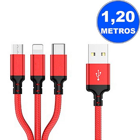 Cabo Usb 3 Em 1 Lightning + Micro-Usb + Type-C 1,2Mt 5.8A Vermelho Kaipitan