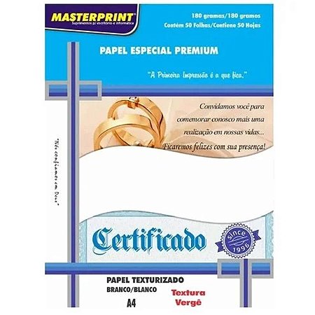 PAPEL ESPECIAL VERGE BRANCO A4 180G C/50 MASTERPRINT