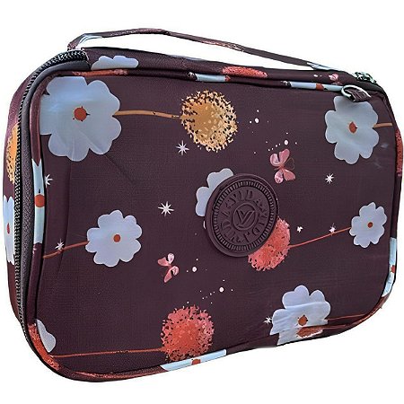 ESTOJO ESCOLAR 100 PENS NECESSAIRE C/ESTAMPA FLORES MARROM