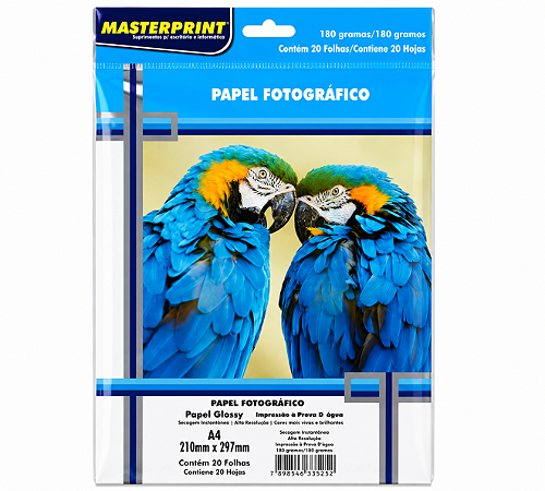 PAPEL FOTO HIGH GLOSSY 180G A4 C/ 20FLS P/ IMPRESSORA TINTA MASTERPRINT