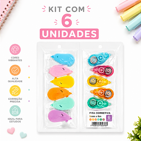 Kit 6 Fitas Corretivas 5mm x 6m Escolar Coloridas Papelaria Criativa