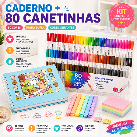 KIT LIVRO DE COLORIR AZUL + ESTOJO 80 CORES BRUSH BRANCA