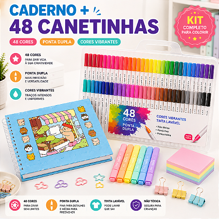 KIT LIVRO DE COLORIR AZUL + ESTOJO 48 CORES BRUSH BRANCA JOJO