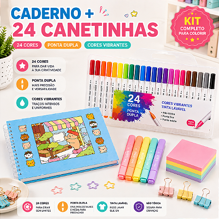 KIT LIVRO DE COLORIR AZUL + ESTOJO 24 CORES BRUSH BRANCA
