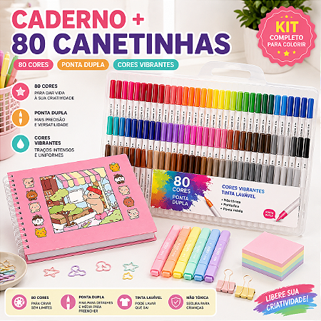 KIT LIVRO DE COLORIR ROSA+ CANETINHAS 80 CORES BRUSH BRANCA
