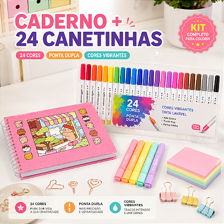 KIT LIVRO DE COLORIR ROSA + CANETINHA 24 CORES BRUSH BRANCA