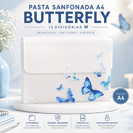 Pasta Sanfonada A4 Butterfly DAC 12 Divisórias para Escola, Escritório e Organização