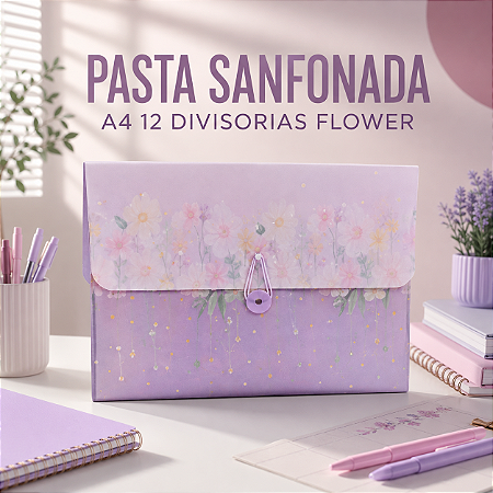 Pasta Sanfonada A4 Flower DAC 12 Divisórias para Escola, Escritório e Organização