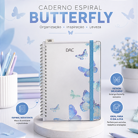 Caderno Espiral Butterfly DAC Capa Dura com Elástico e Elegante para Estudos e Trabalho