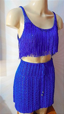 Conjunto Saia e Cropped com Franjas em Crochê