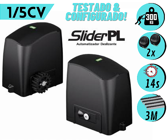 Kit Motor Portão de Correr RCG Slider PL 1/5cv 300kg Com 3M Cremalheiras e 2 controles