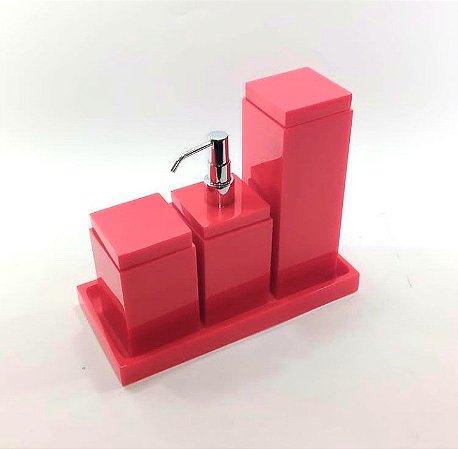 KIT COM 3 POTES E BANDEJA, COR VERMELHO FERRARI  LINHA QUADRADA EM RESINA DE POLIESTER
