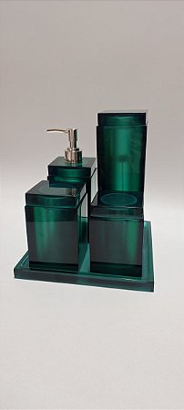 KIT COM  4 POTES E BANDEJA, COR VERDE ESMERALDA TR, LINHA QUADRADA EM RESINA DE POLIESTER
