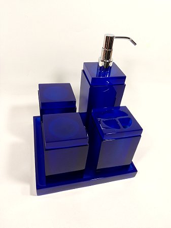 KIT COM 4 POTES E BANDEJA, AZUL COBALTO TR LINHA QUADRADA EM RESINA DE POLIESTER