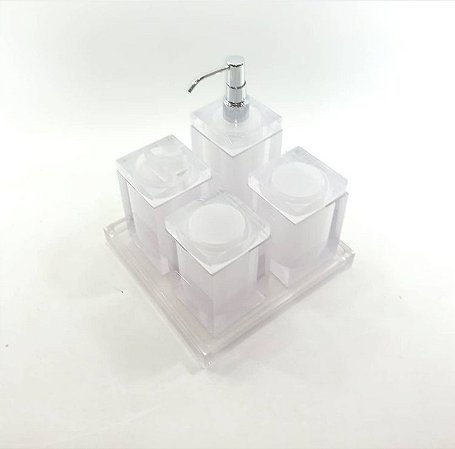 KIT COM  4 POTES E BANDEJA, CRISTA TRANSLUCIDO LINHA QUADRADA EM RESINA DE POLIESTER