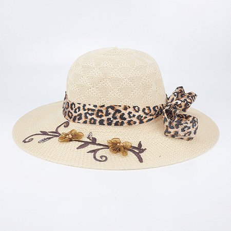 Chapéu Feminino de Praia Detalhe Laço Estampa Onça Verão