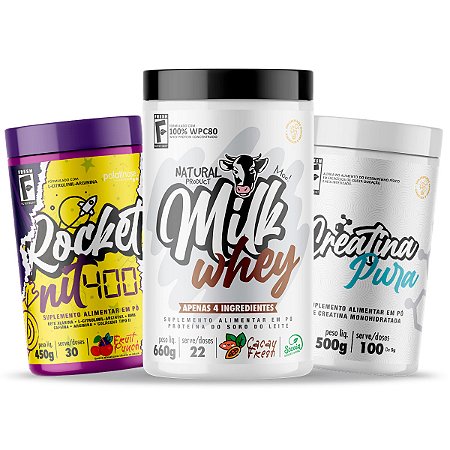 Combo: Milk Whey + Pré-Treino Rocket Nit 400 + Creatina Pura 500g + Brinde
