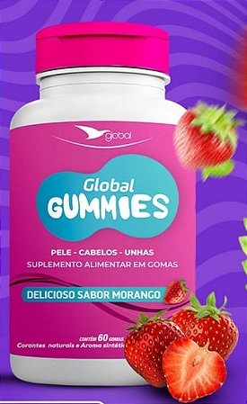 1-Global Gummies- Pele, Cabelo, Unha- Sabor Morango