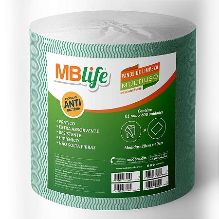 Rolo De Pano Multiuso Verde  Descartável 28cmx40cm C/600 Panos Mblife