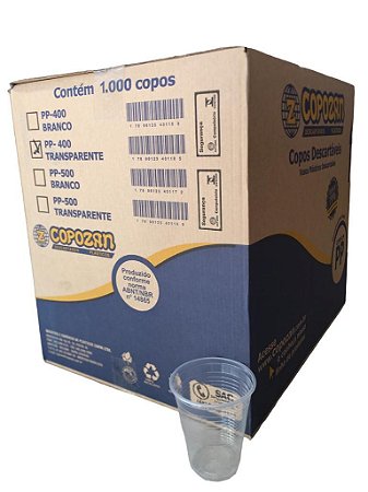 Copo Plastico Transoarente 400ml Pp Caixa Com1.000 Copos Copozan
