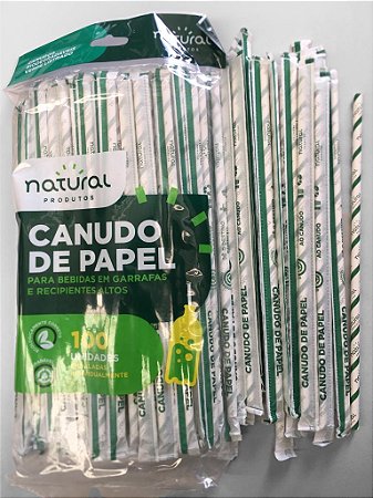 Canudo De Papel 25cm Garrafa Pacote Com 100canudos Verde Listrado Natural
