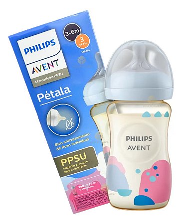 Mamadeira Avent Pétala Ppsu Azul E Rosa 260ml 3m+ Bico N°3 Azul E Rosa