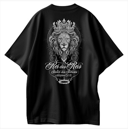 Rei dos Reis Camiseta Cristã Oversized Preta Evangelho Leão de Judá