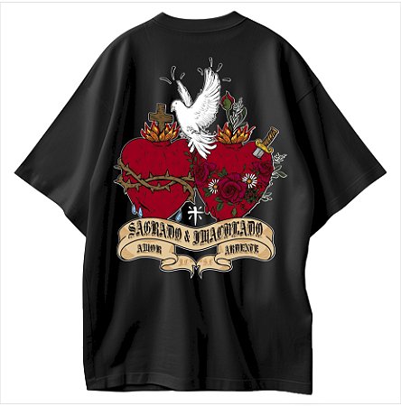 Coração Sagrado e Coração Imaculado Camiseta Cristã Oversized Jesus e Maria