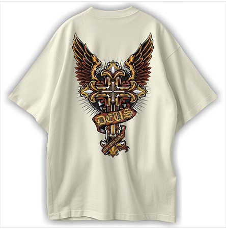 DEUS no Camando Camiseta Cristã Oversized Evangelho Jesus Cruz Arcanjo