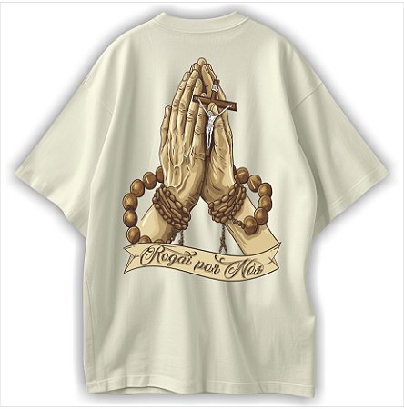 Rogai por Nós Blessed Camiseta Cristã Oversized Jesus Cristo Mão em terço