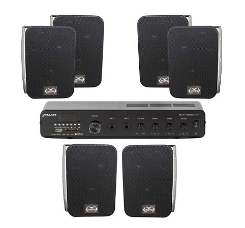 Kit Som Ambiente Amplificador Frahm Slim 2000 App + 3 Par caixas MSA105 Preta Myniko