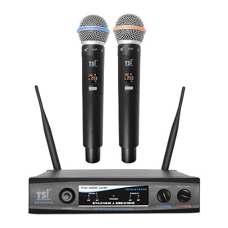 Microfone Profissional Duplo de Mão Sem Fio 900-UHF - TSI