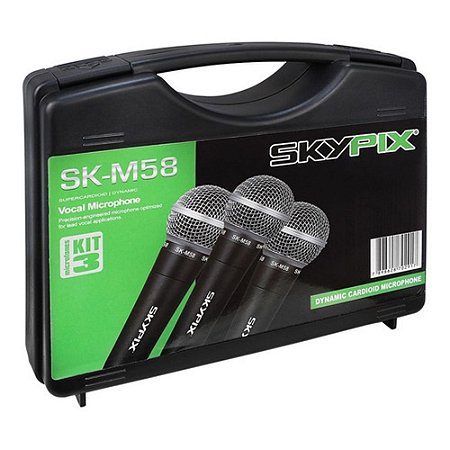 Kit 3 Microfones Vocal SKYPIX Dinâmico com Maleta SK-M58