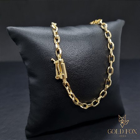 CORRENTE CADEADO OVAL 4 MM COM FECHO GANHÃO (60 CM) - BANHADO A OURO 18K